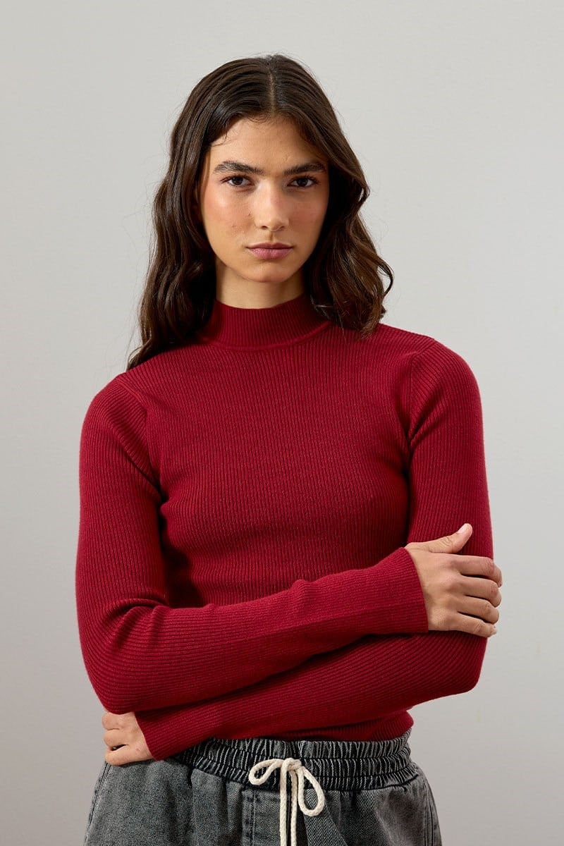 Bordo Yarım Boğazlı Triko Body