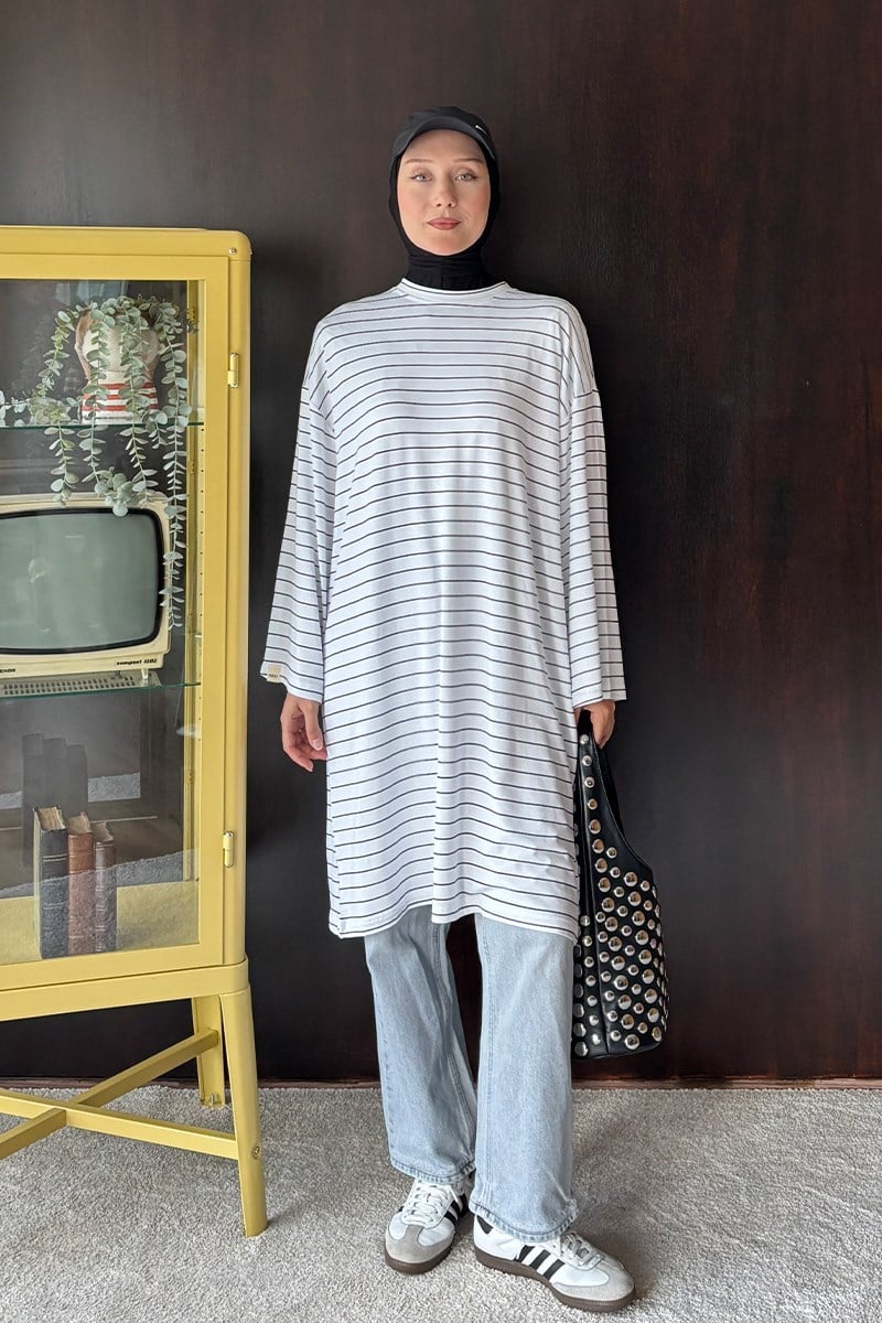 Ekru Çizgili Tesettür Body
