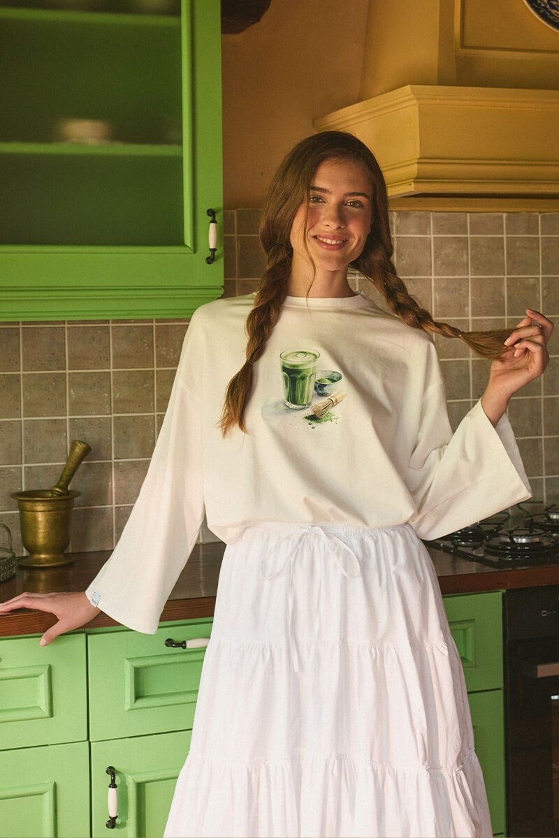 Ekru Matcha Baskılı Body