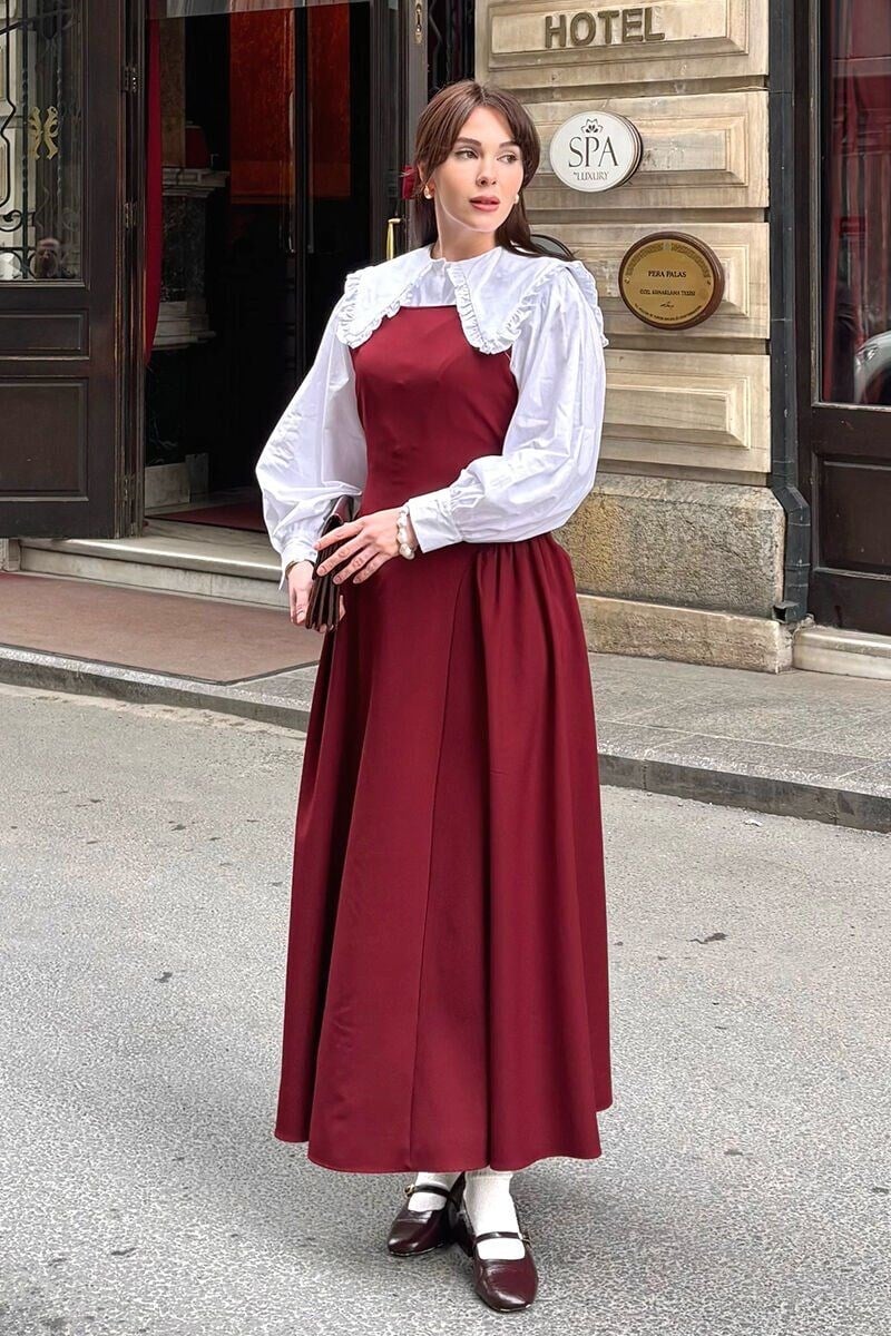Ekru Yakası Fırfırlı Crop Gömlek & Bordo Krep Korsaj Detay jile Takım