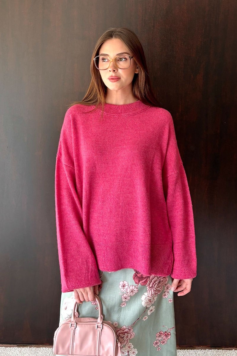 Fuşya Oversize Bisiklet Yaka Kazak