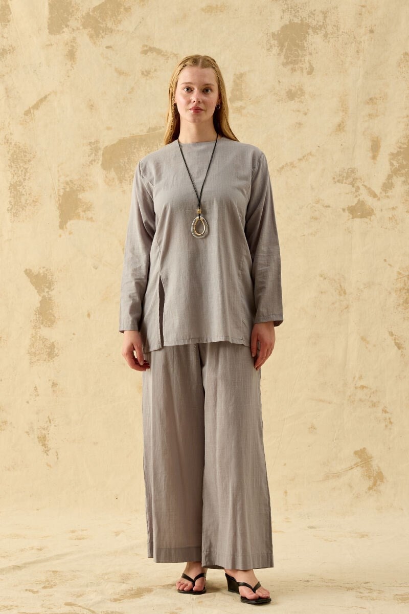 Gri Flam Keten Yırtmaçlı Tunik & Pantolon Takım