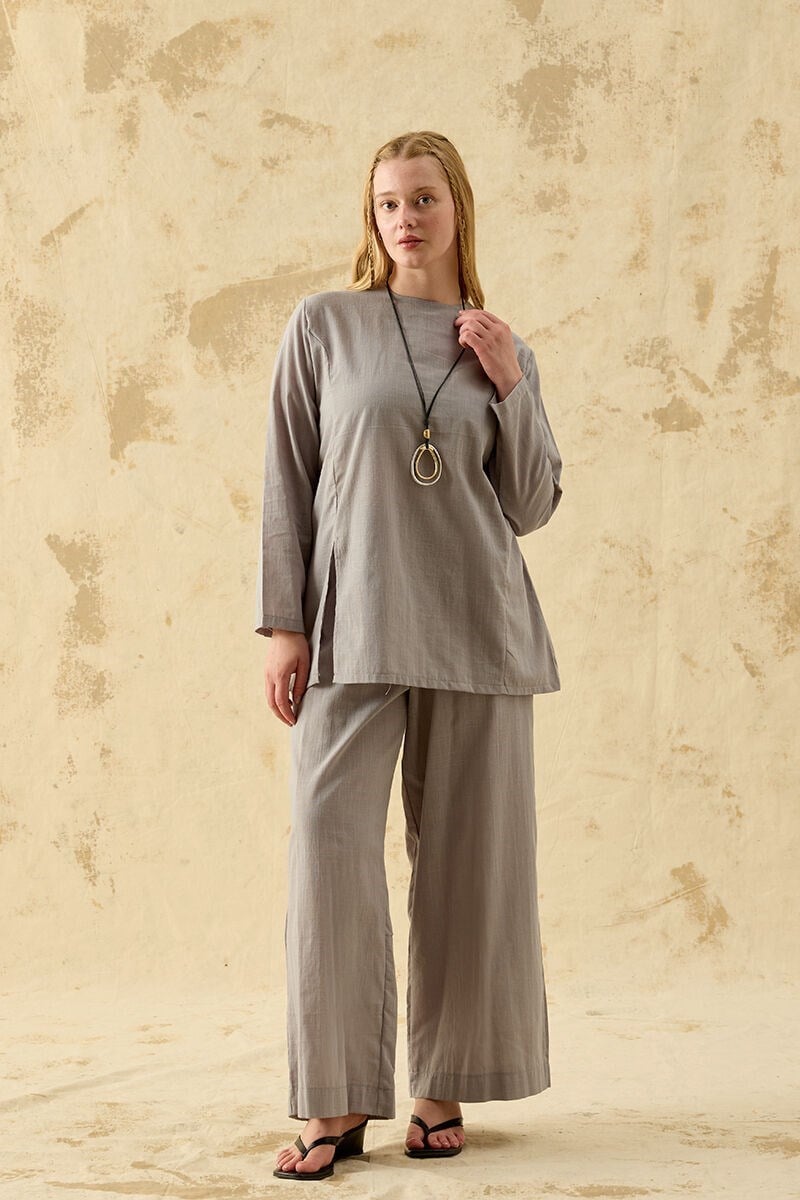 Gri Flam Keten Yırtmaçlı Tunik & Pantolon Takım