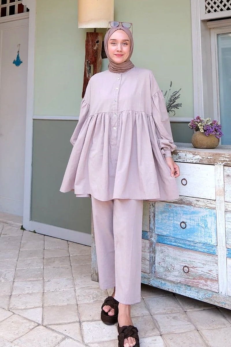 Gül Kurusu Organik Keten Düğmeli Bağlamalı Robalı Tunik & Gül Kurusu Organik Keten Boru Paça Pantolon Takım