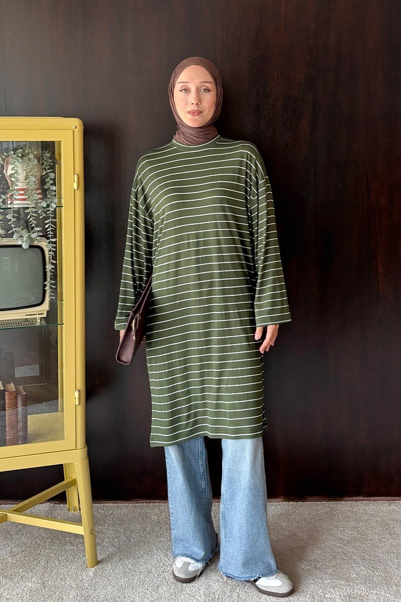Haki Çizgili Tesettür Body
