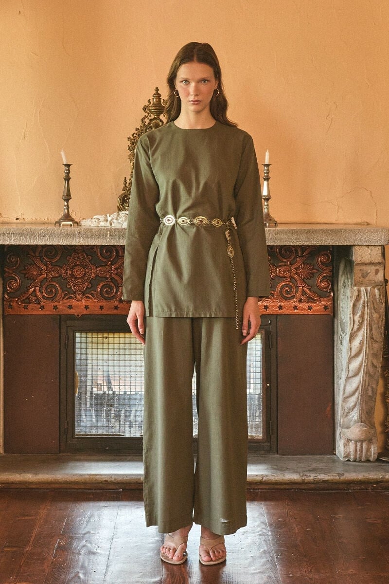 Haki Flam Keten Yırtmaçlı Tunik & Pantolon Takım