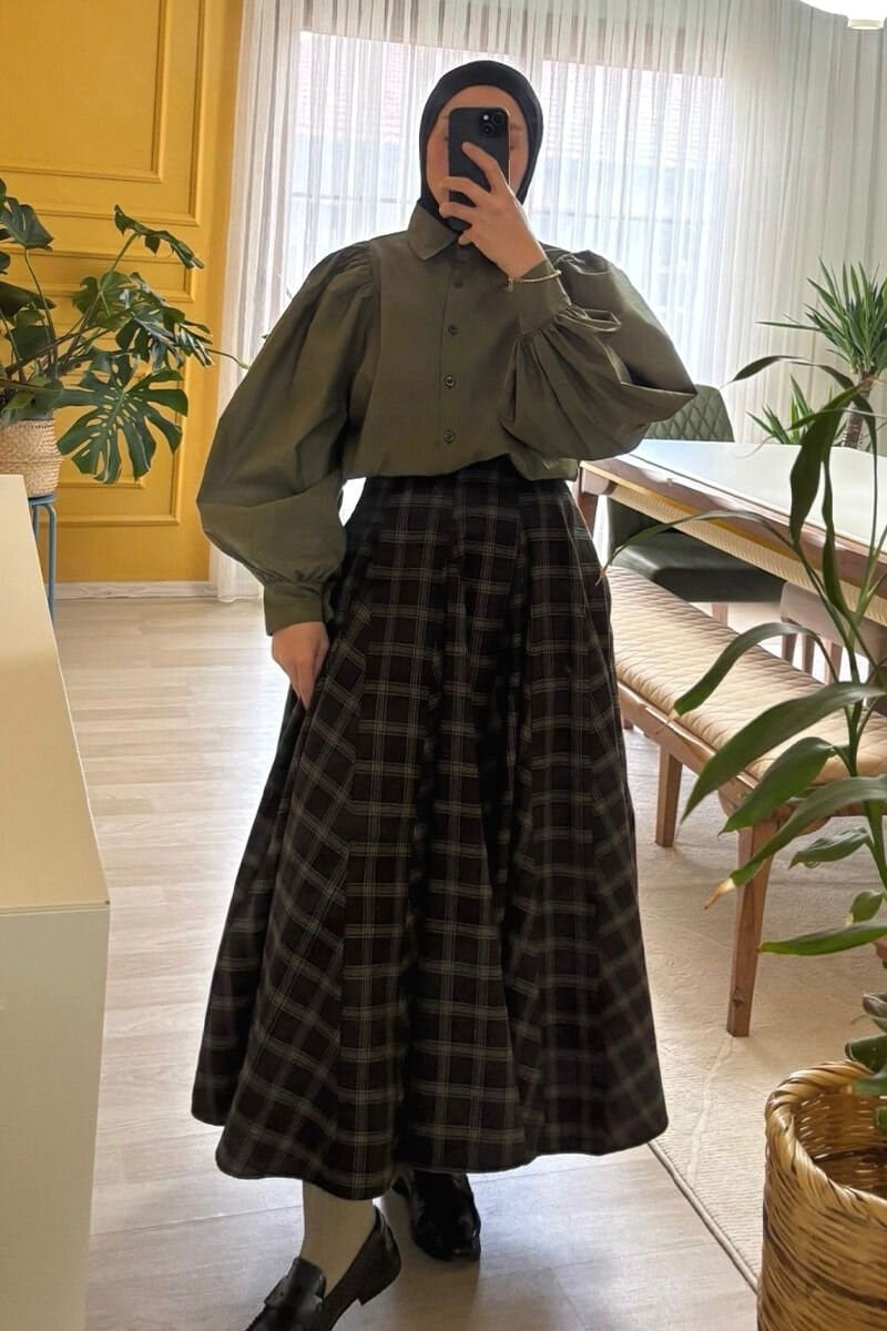 Haki Klasik Yaka Crop Gömlek