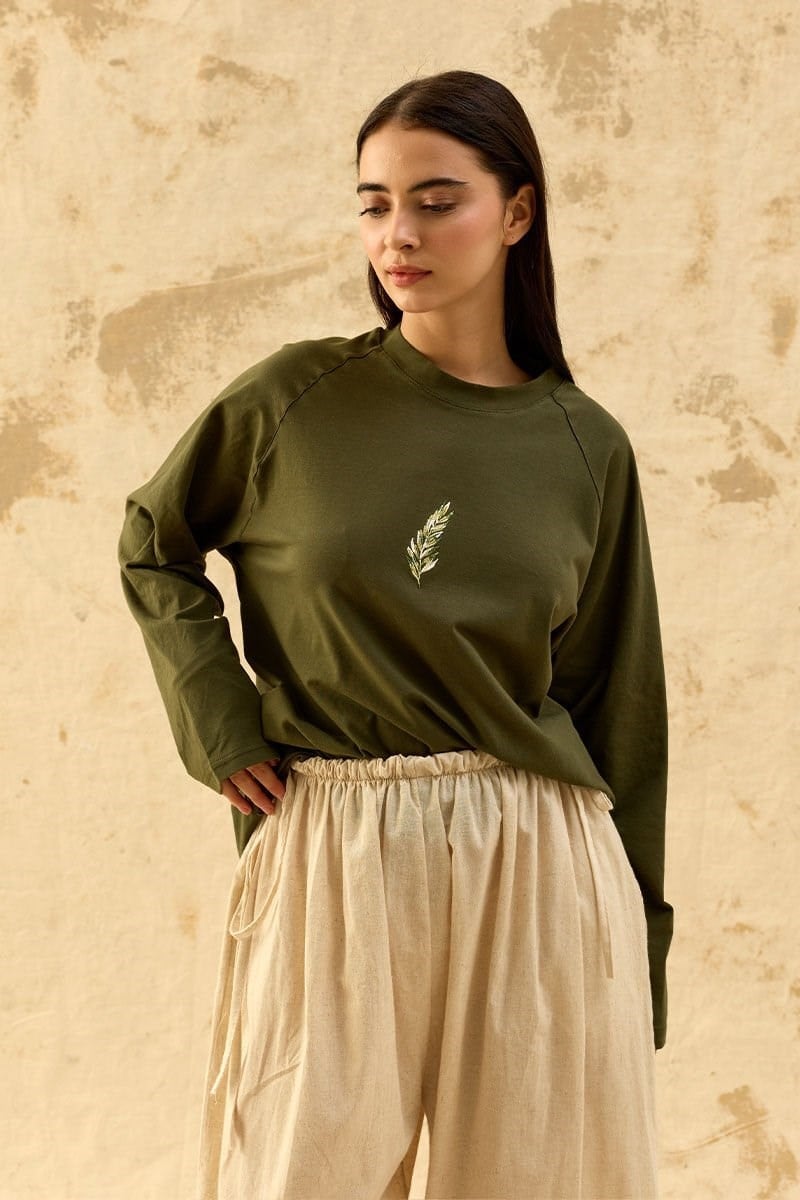 Haki Yaprak Nakışlı Süprem Reglan Kol  Body