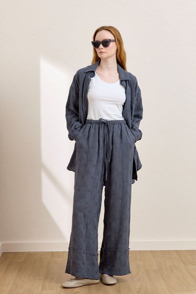 İndigo Fistolu Müslin Double Paça Pantolon