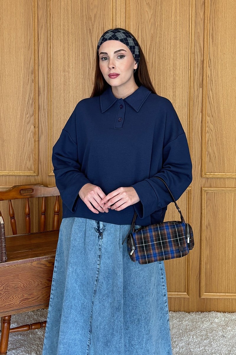 İndigo Polo Yaka Crop