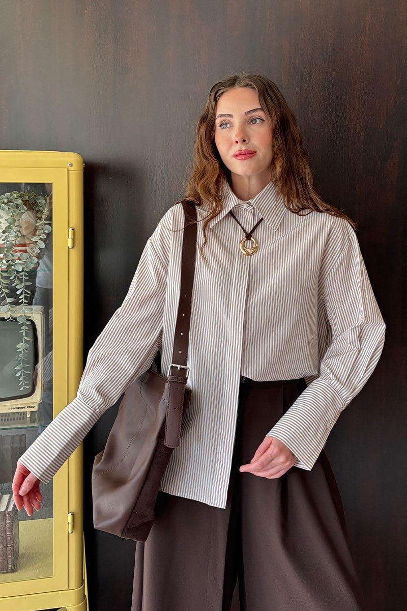Kahverengi Çizgili Oversize Poplin Gömlek-ML