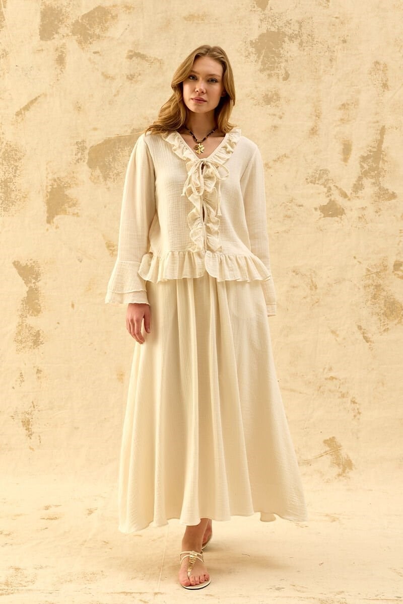 Krem Müslin Volanlı Bluz & Balon Etek Takım