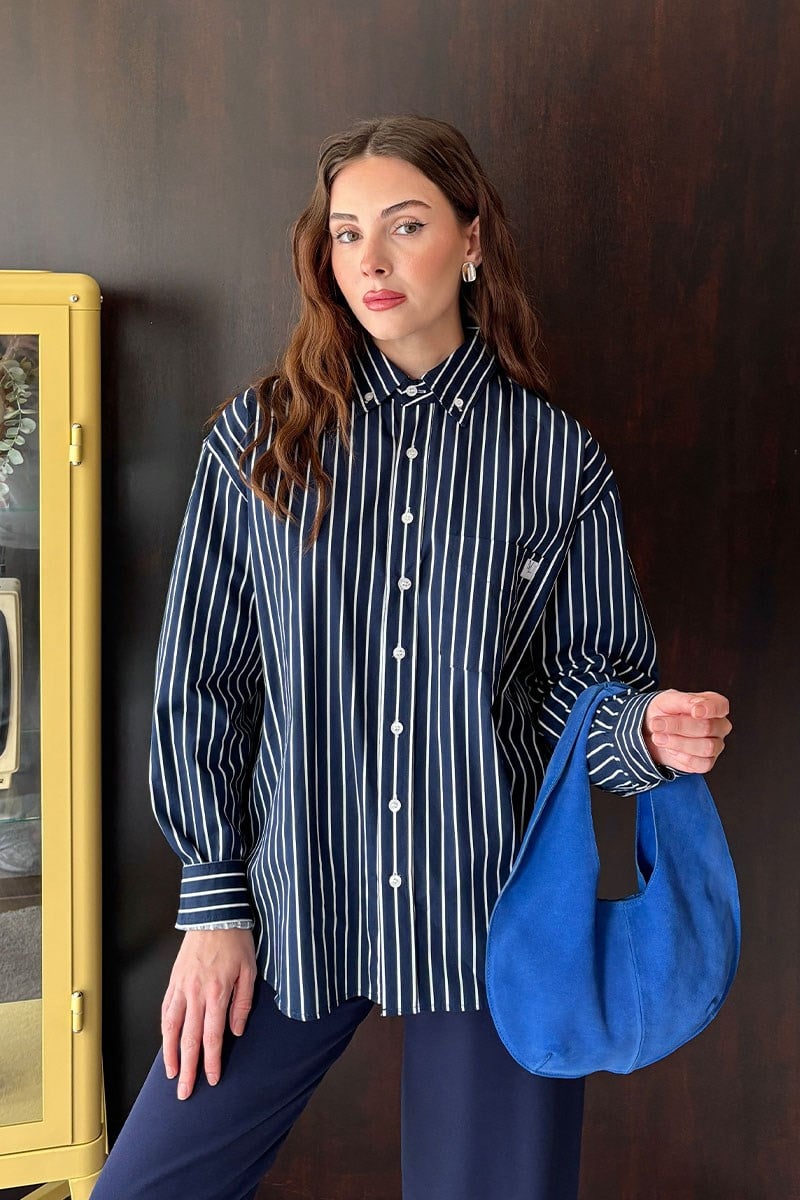 Lacivert Çizgili Oversize Poplin Gömlek-ML