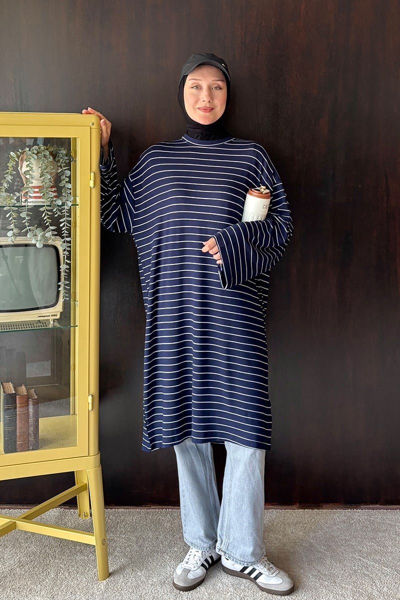 Lacivert Çizgili Tesettür Body