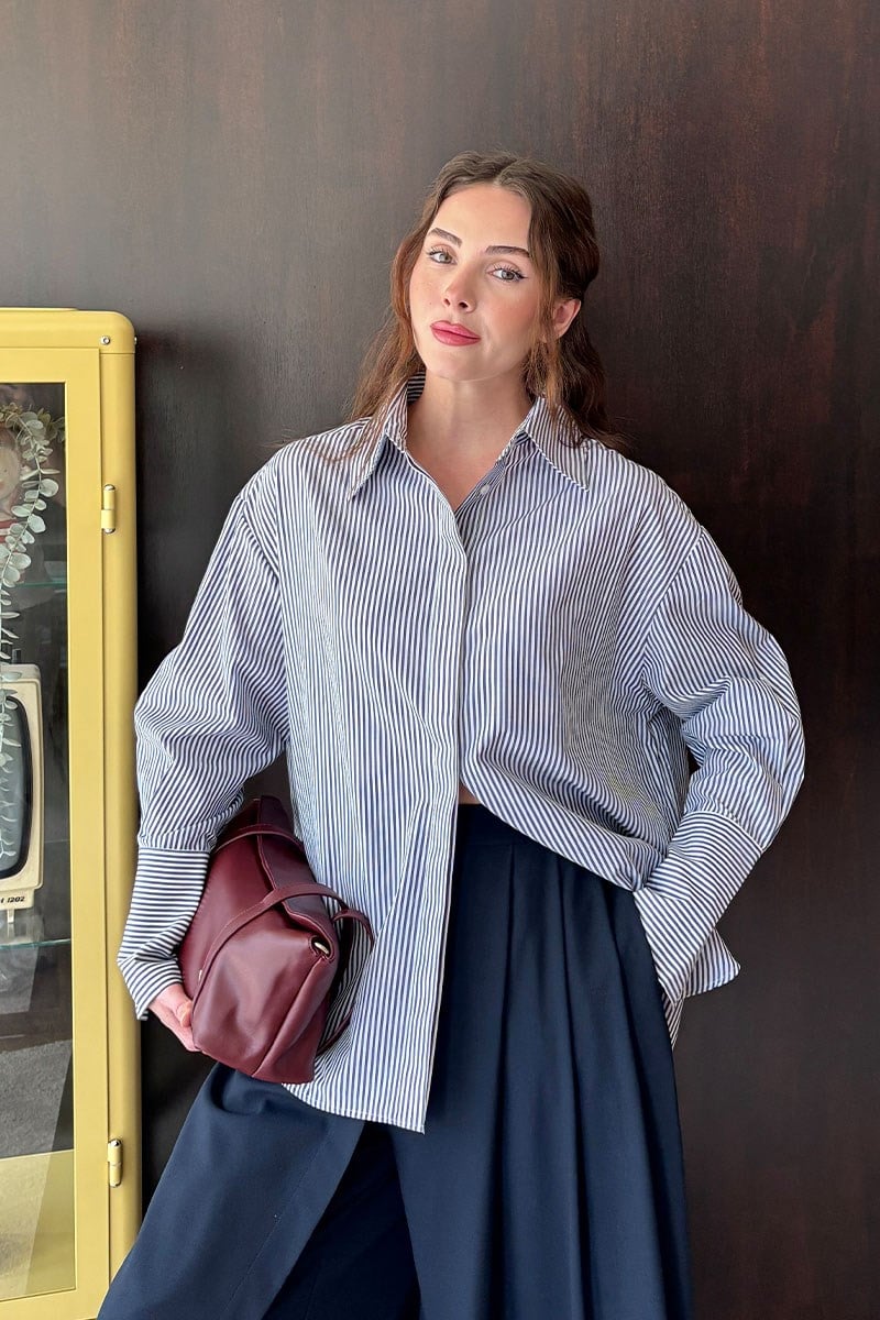 Lacivert İnce Çizgili Oversize Poplin Gömlek-ML