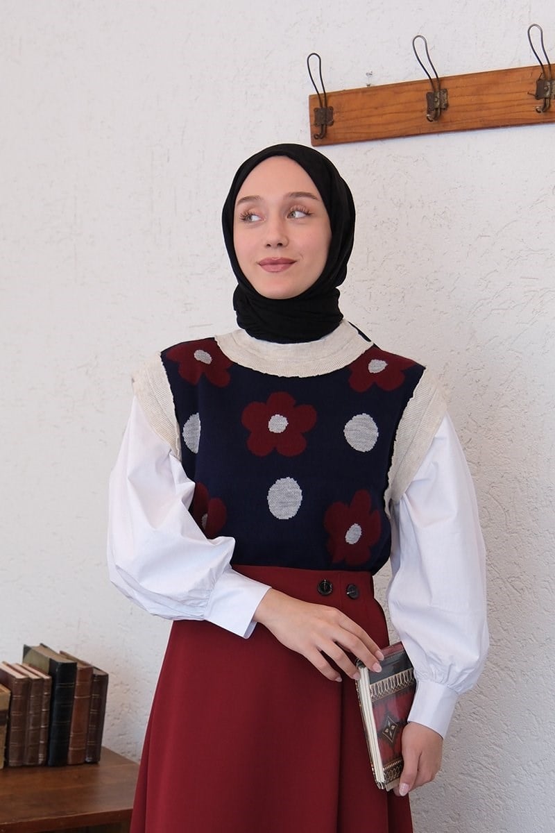Lacivert Papatya Desenli Süveter