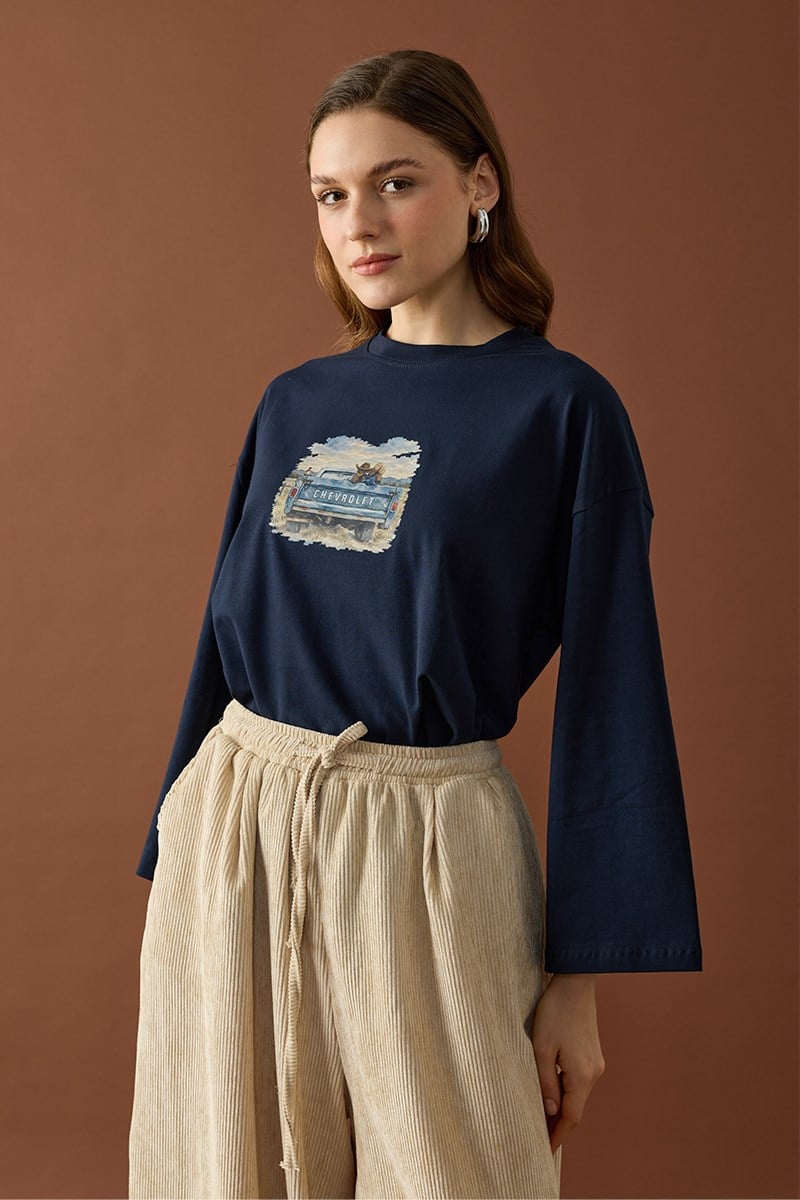 Lacivert Vintage Araba Baskılı Basic Body