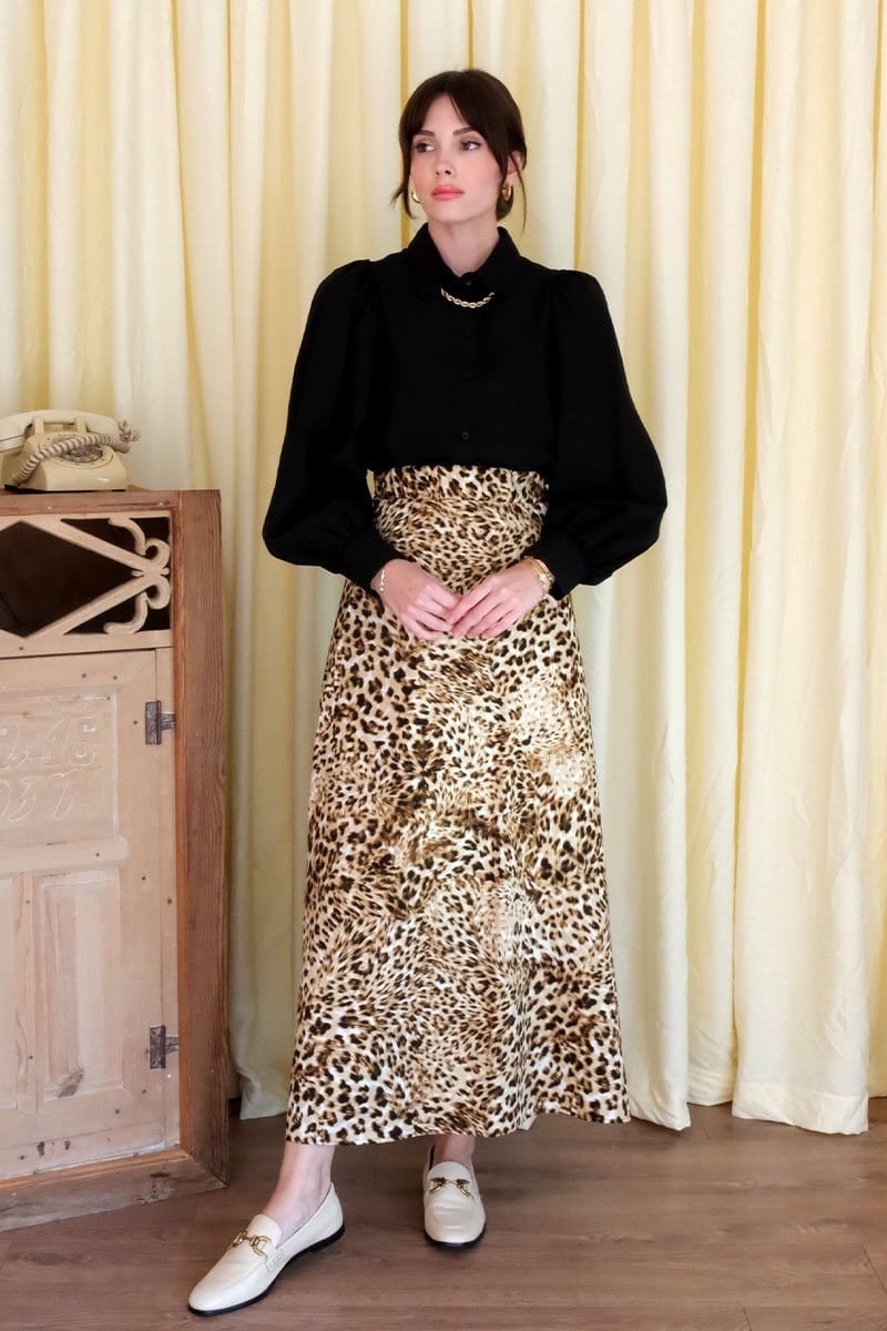 Leopar Desen Pamuk Saten Kloş Etek