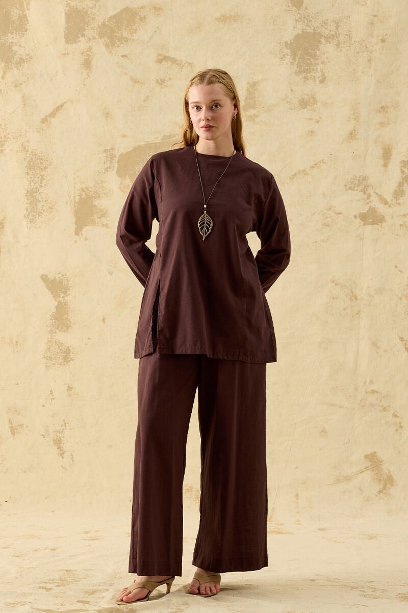 Mor Flam Keten Yırtmaçlı Tunik & Pantolon Takım
