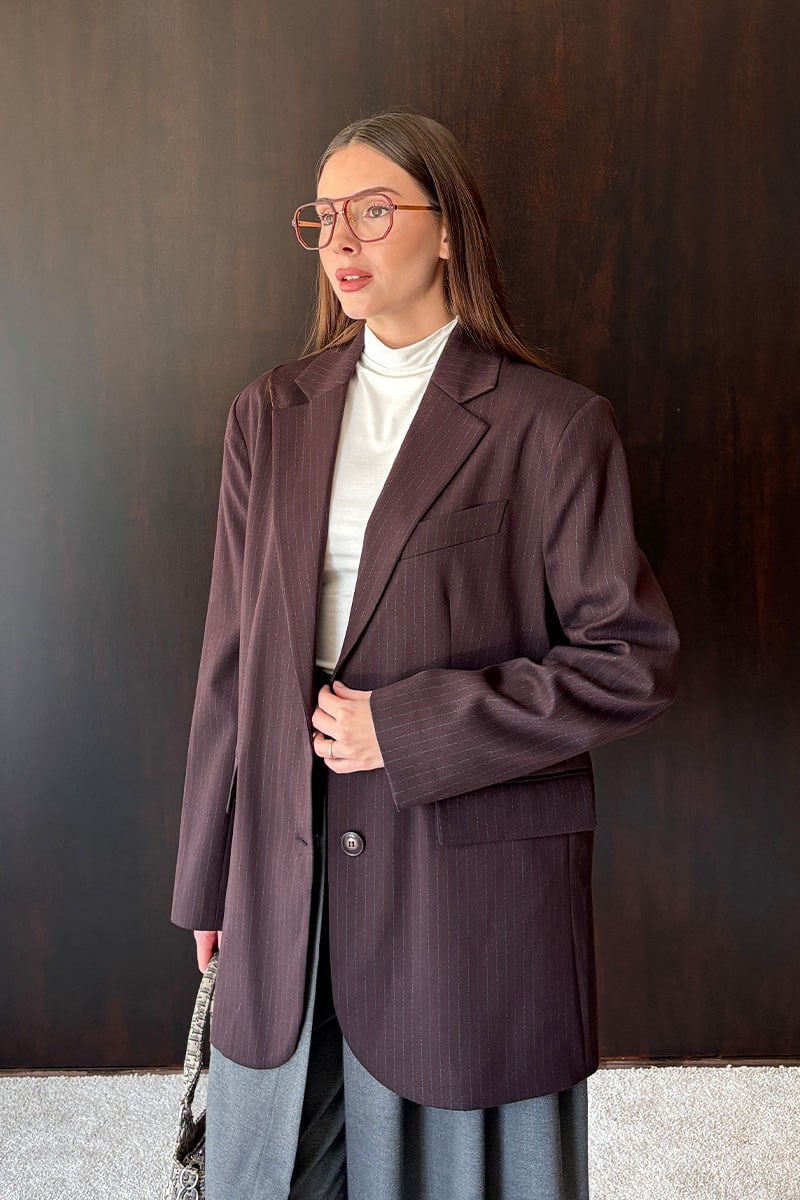 Mürdüm Çizgili Oversize Blazer Ceket
