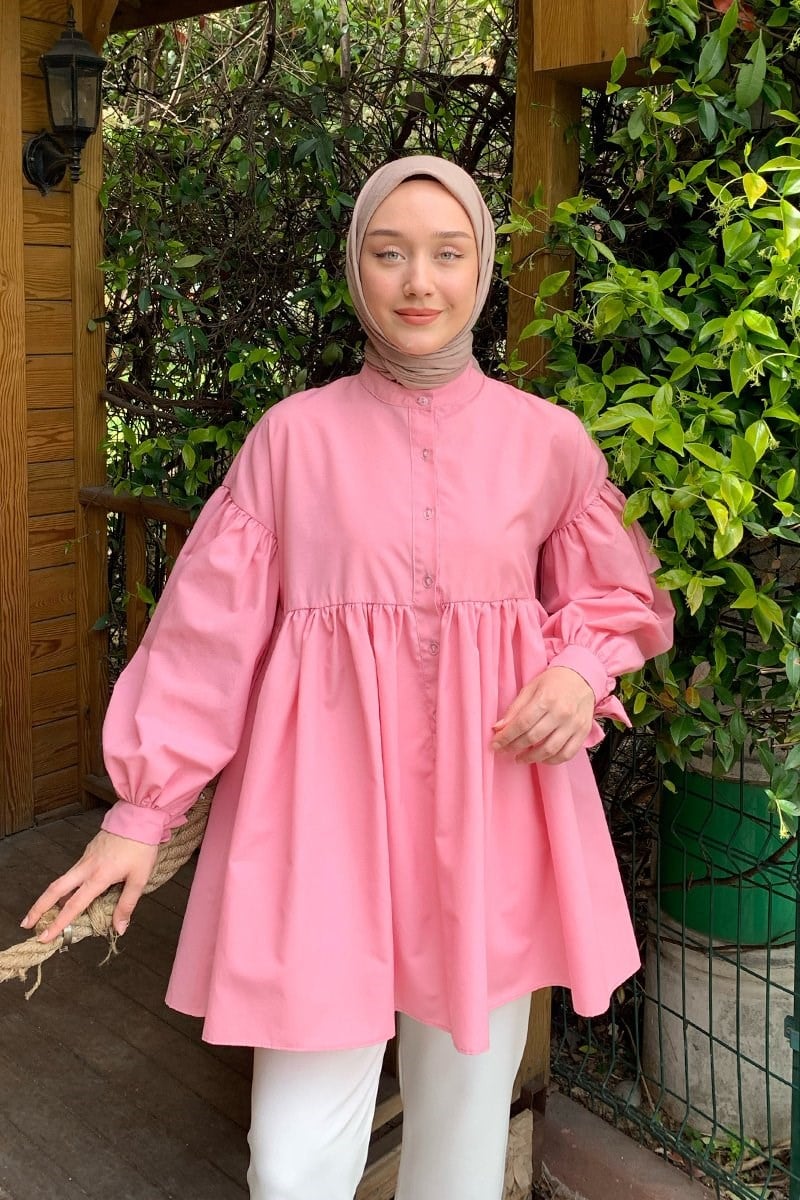 Pembe Düğmeli Bağlamalı Robalı Tunik
