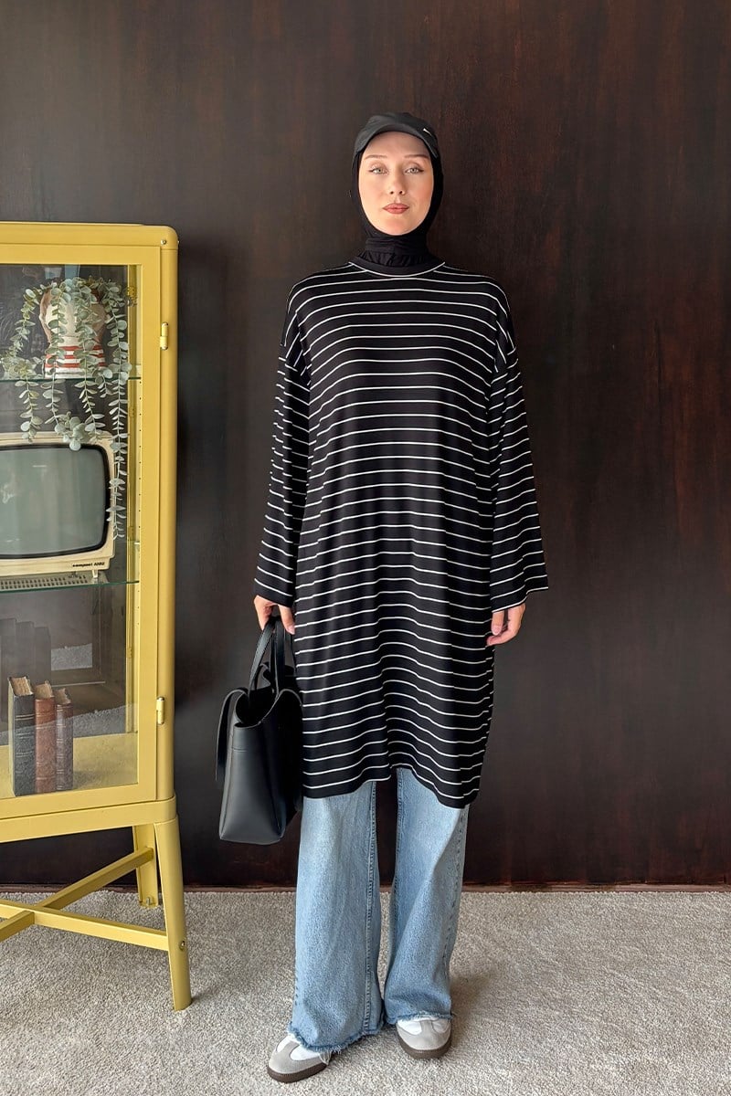 Siyah Çizgili Tesettür Body