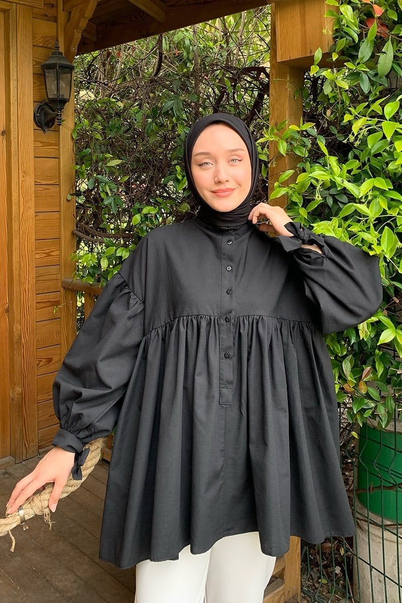 Siyah Düğmeli Bağlamalı Robalı Tunik