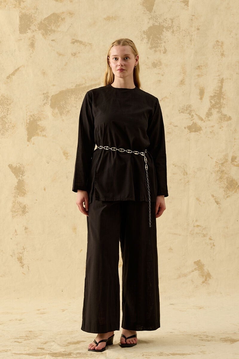 Siyah Flam Keten Yırtmaçlı Tunik & Pantolon Takım