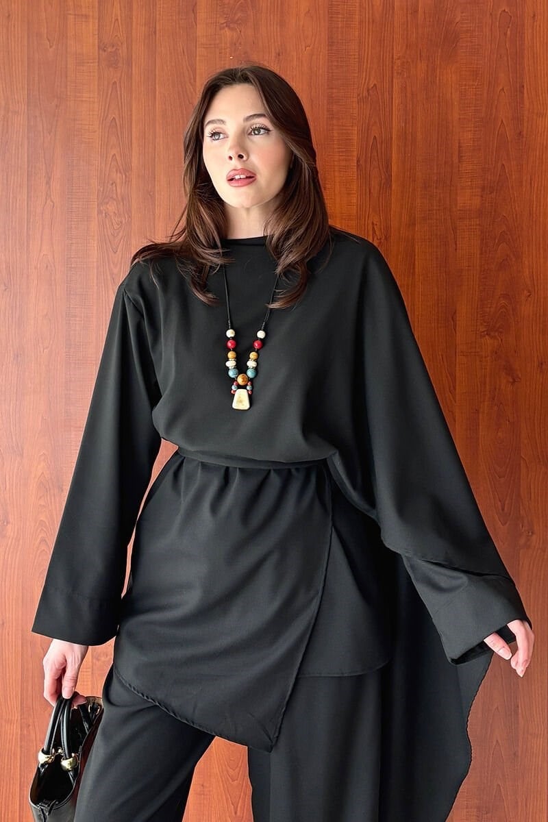 Siyah Poliviskon Bağlamalı Tunik & Double Paça Pantolon Takım