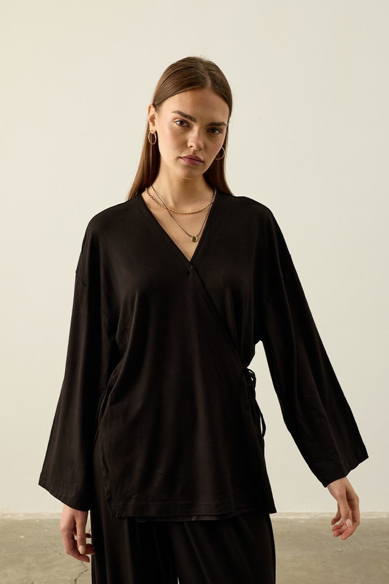 Siyah Ring Viskon Bağlamalı Tunik