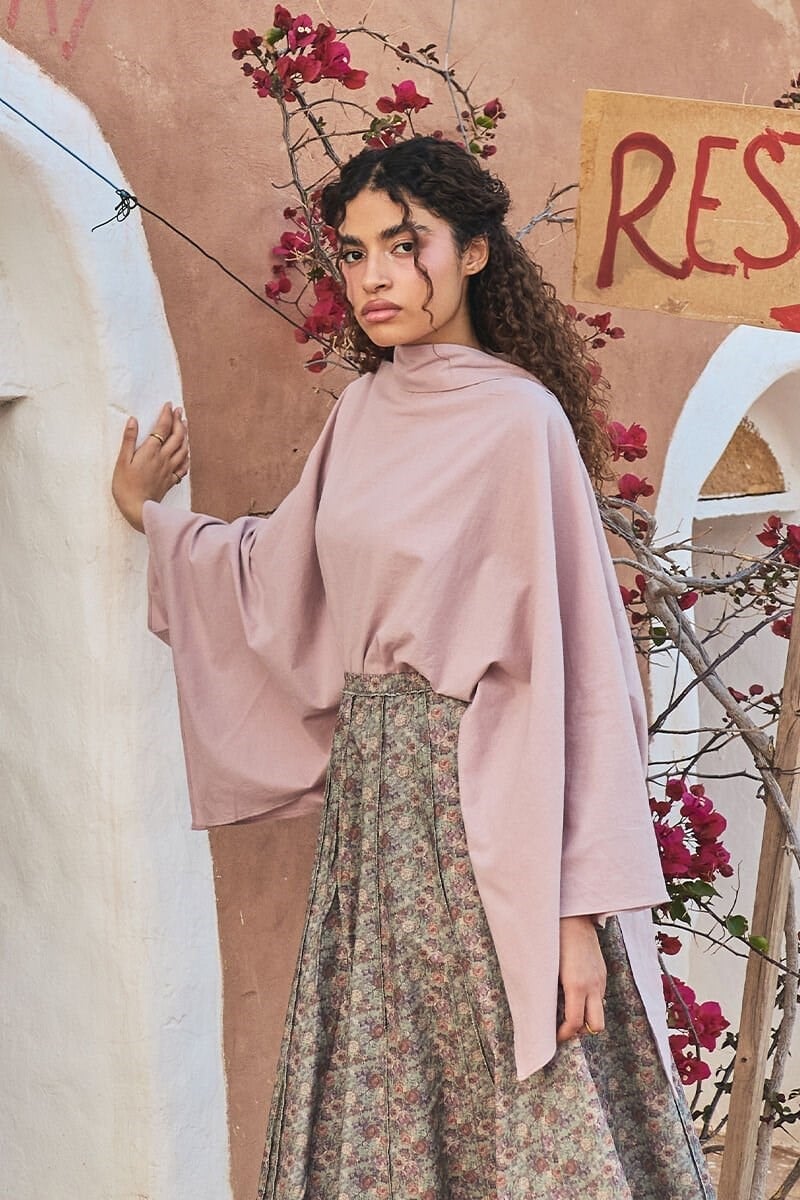 Soft Pembe Organik Keten Pelerin Kol Bluz