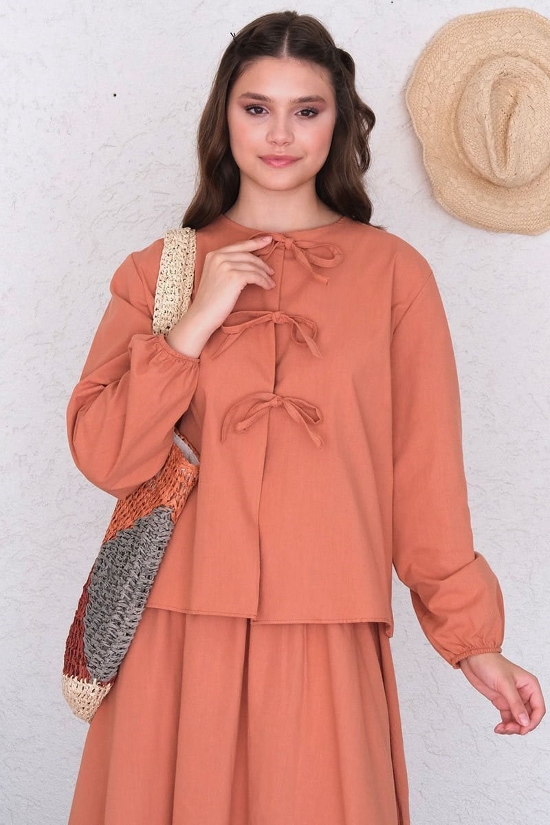 Soft Turuncu Organik Keten 3 Fiyonklu Bluz