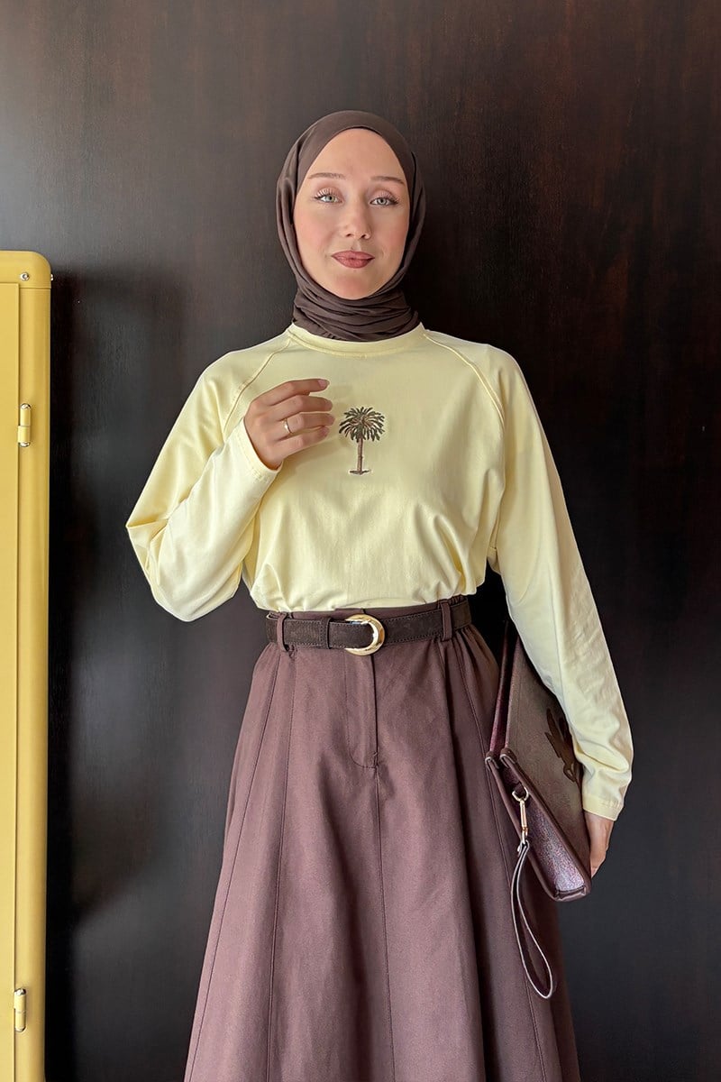 Tereyağ Sarısı Palmiye Ağacı Nakışlı Reglan Kol Body