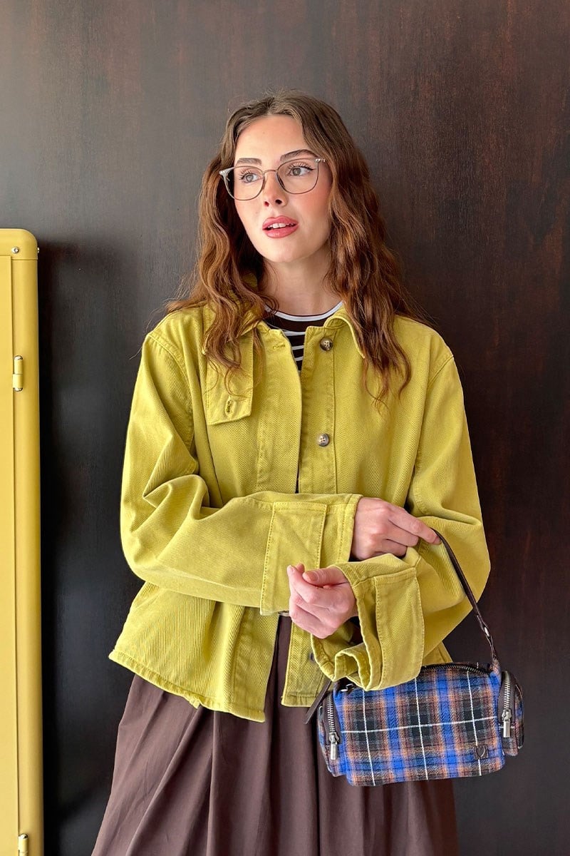 Yağ Yeşili Gömlek Yaka Düğmeli Crop Denim Ceket-ML