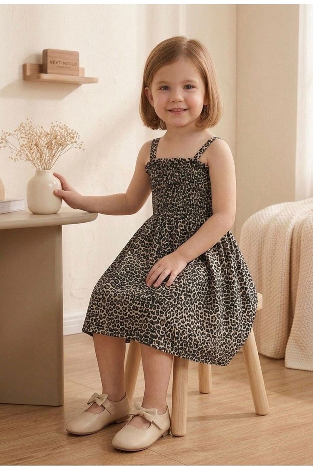 Leopar Desenli Askılı Kız Çocuk Elbise