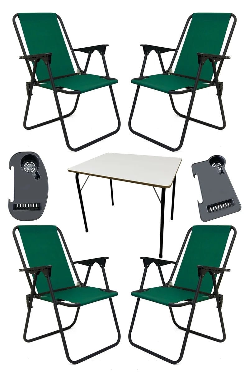 Litea 4 Adet Kamp Sandalyesi Katlanır Piknik Sandalye ve Bardaklık Yeşil + Katlanır Mdf Masa