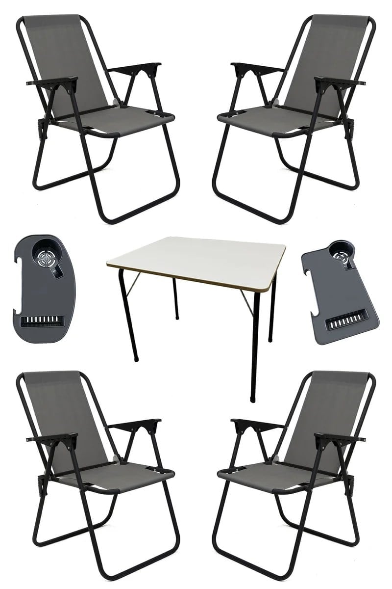 Litea 4 adet Kamp Sandalyesi Katlanır Piknik Sandalye ve Bardaklık Gri + Katlanır Mdf Masa