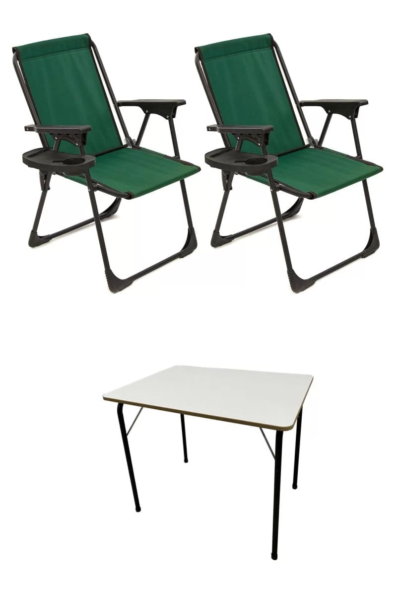 Natura 2 Adet Kamp Sandalyesi Piknik Sandalye Oval Bardaklıklı Yeşil + Katlanır MDF Masa