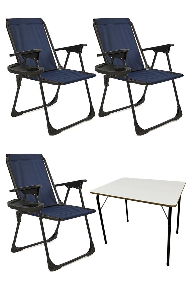 Natura 3 Adet Kamp Sandalyesi Piknik Sandalye Oval Bardaklıklı Lacivert + Katlanır MDF Masa