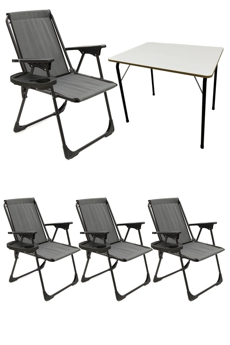 Natura 4 Adet Kamp Sandalyesi Piknik Sandalye Oval Bardaklıklı Gri + Katlanır MDF Masa