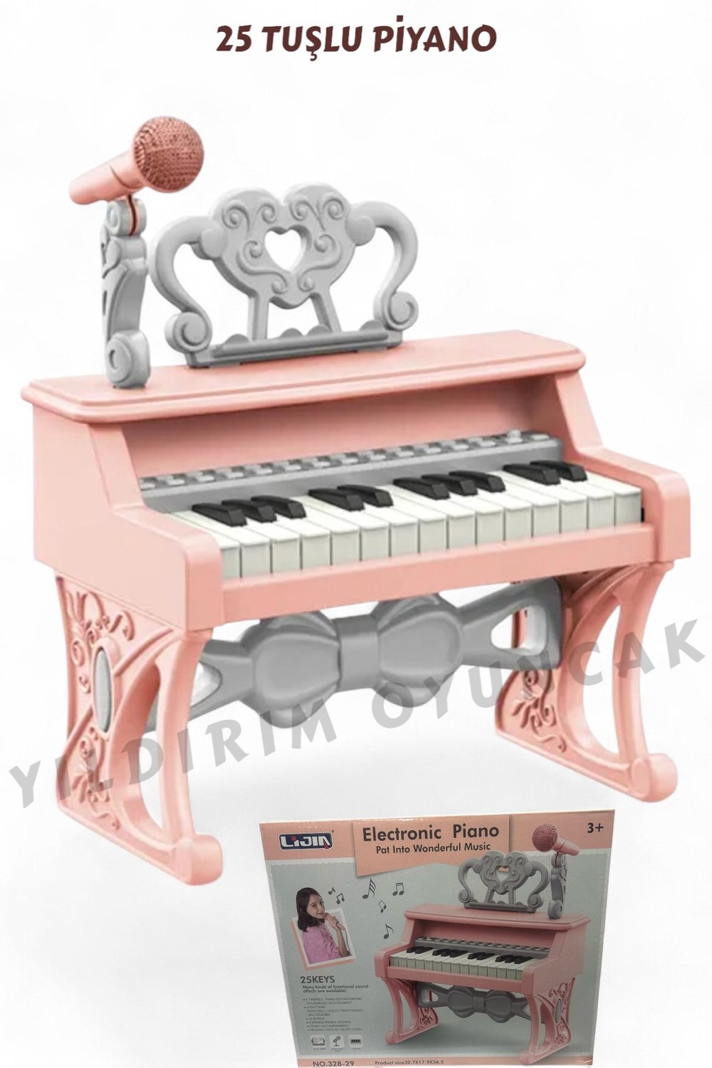 25 Tuşlu Pembe Elektronik Piyano Oyuncak - 36 cm Kutulu Melodili Ses Efektli Piyano Pembe
