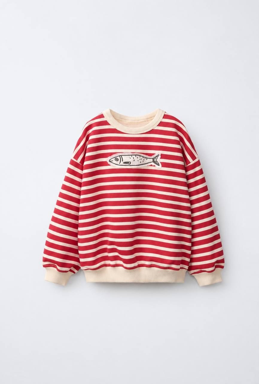 Balık detaylı çizgili sweatshirt 