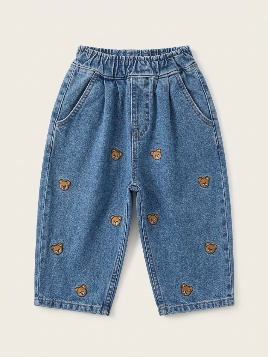 Bear işlemeli balon jean pantolon 