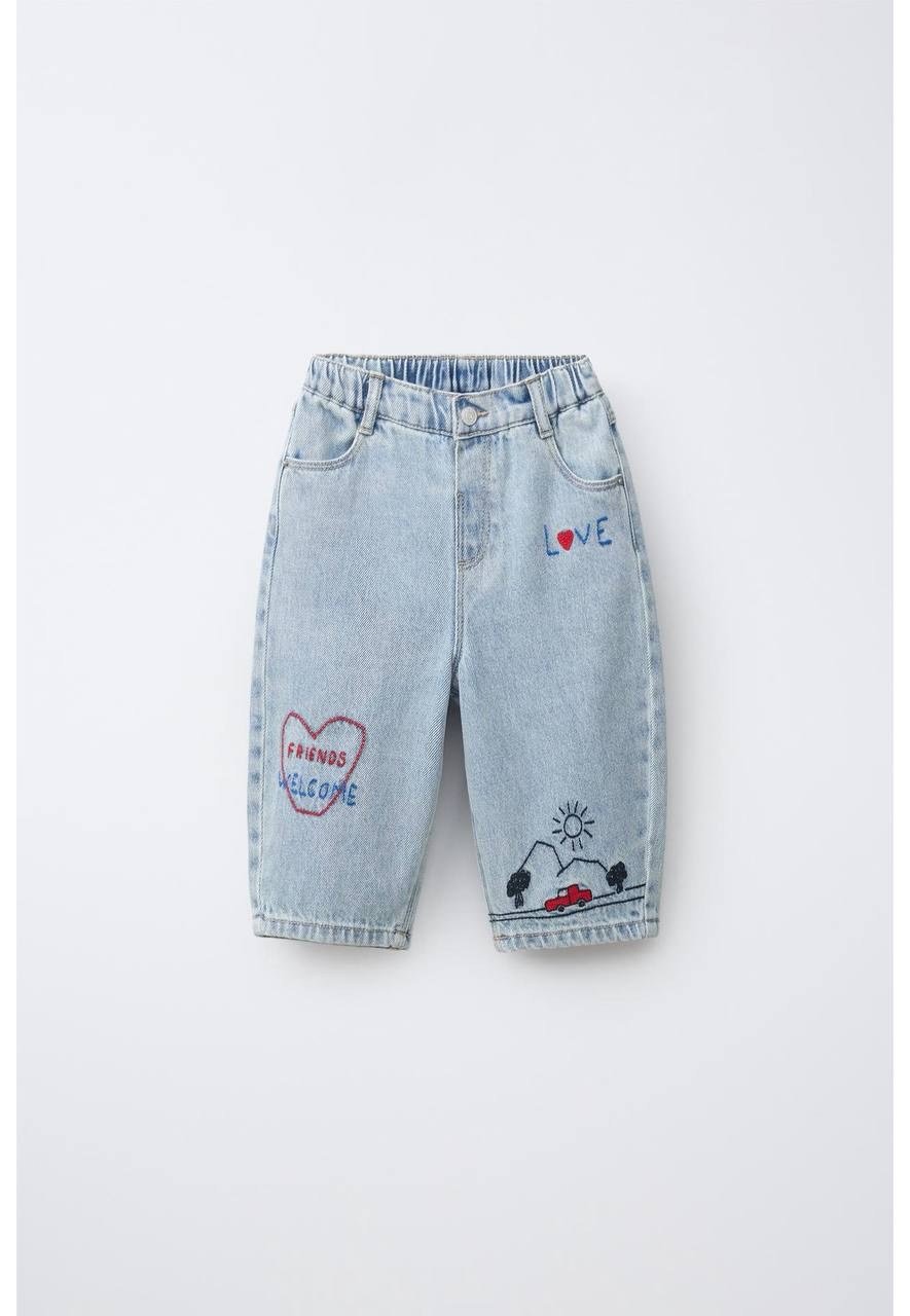 Love nakışlı jean pantolon