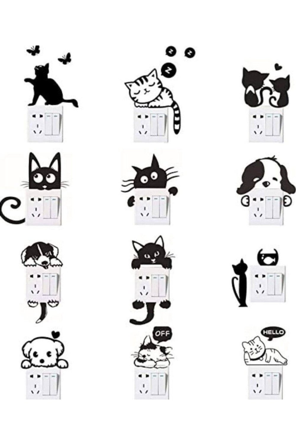 12'li Kedi Priz Sticker Seti 1mm Tarflı Yapışkanlı Siyah Keçe