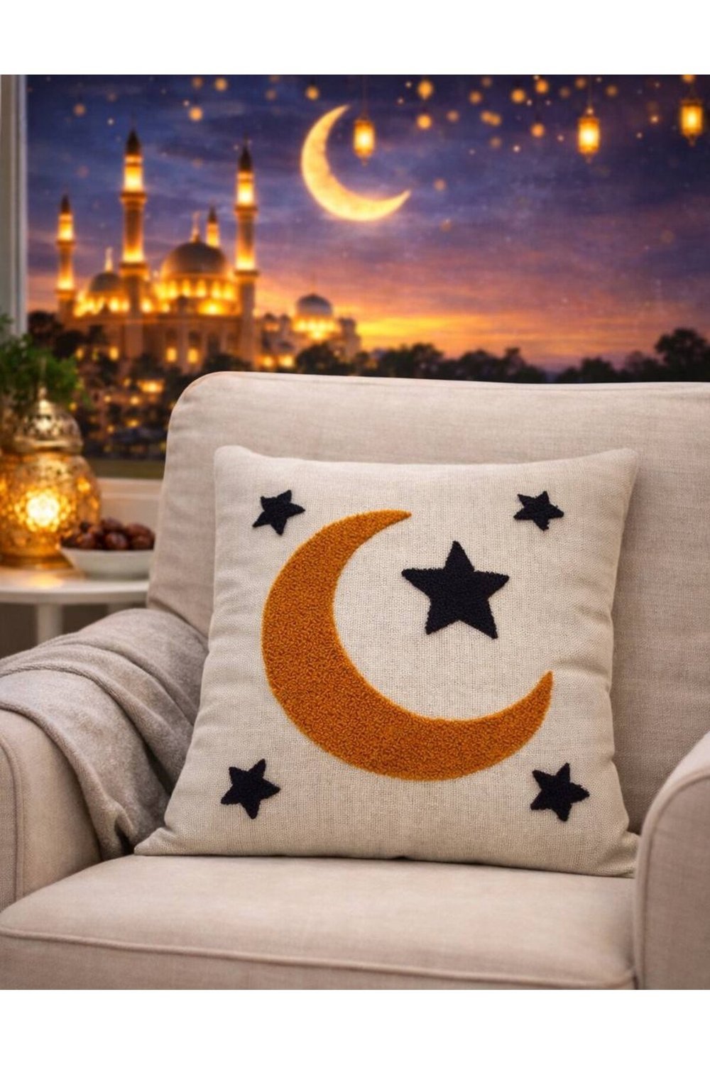 Ramazan Punch (panç) Nakışı İşlemeli Keten Kırlent Kılıfı 43x43