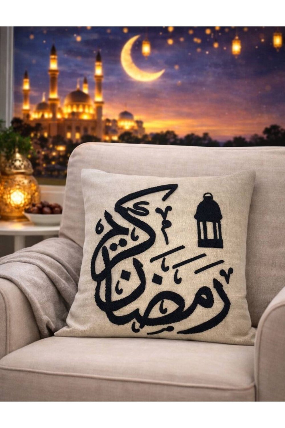 Ramazan Punch (panç) Nakışı İşlemeli Keten Kırlent Kılıfı 43x43