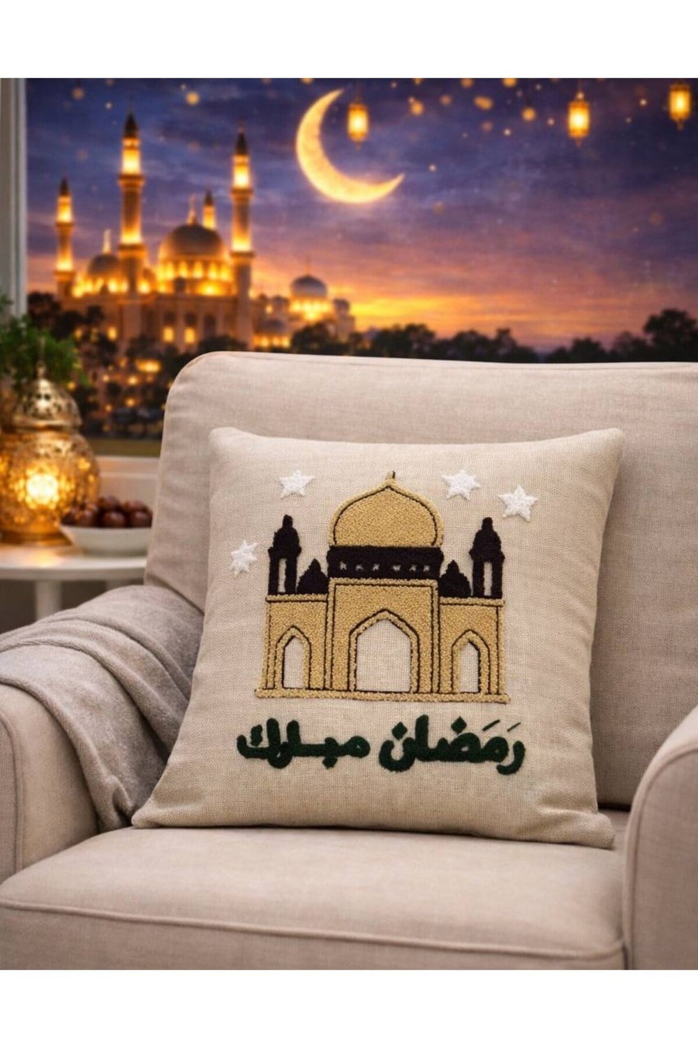 Ramazan Punch (panç) Nakışı İşlemeli Keten Kırlent Kılıfı 43x43