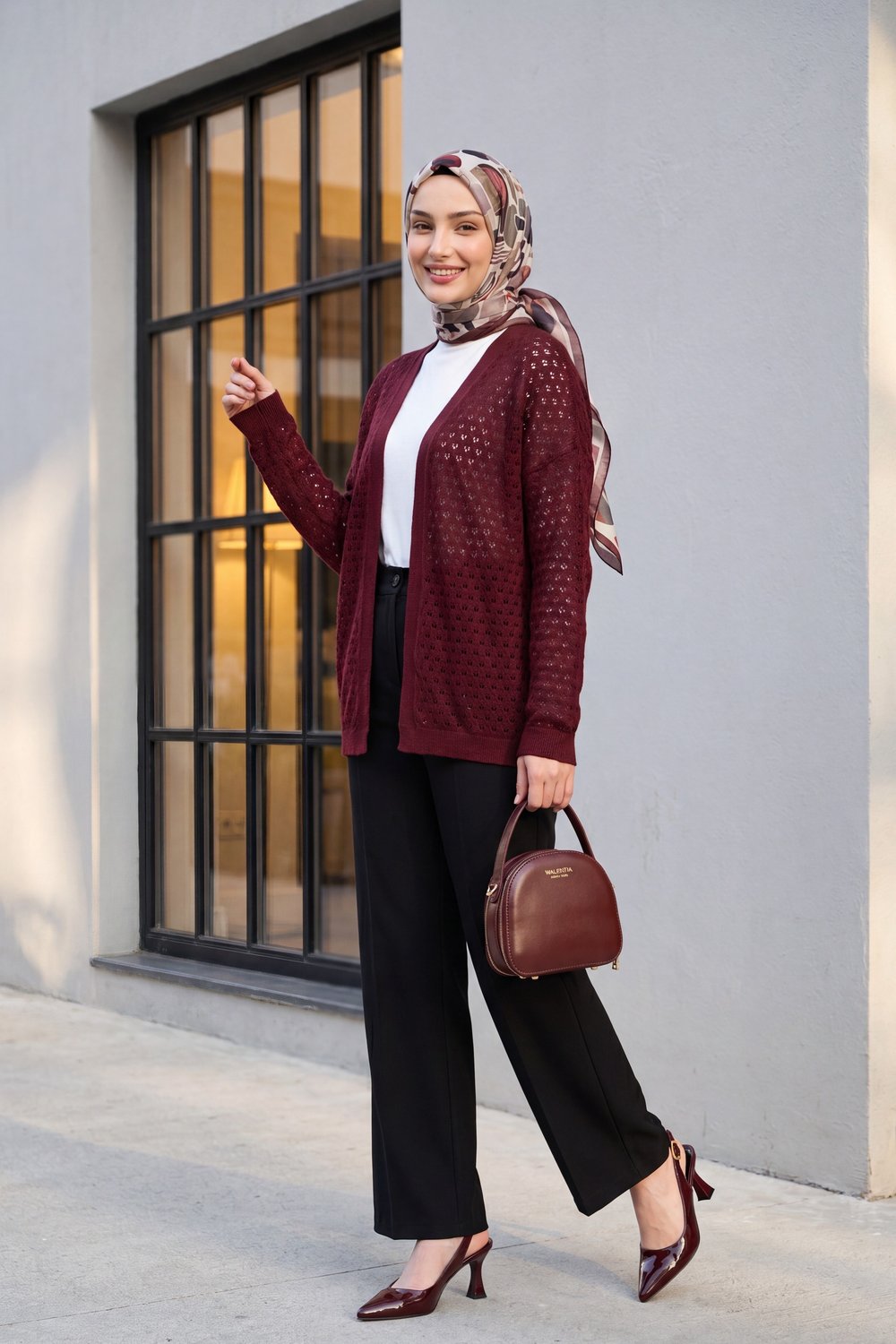 Ajurlu Salaş Triko Hırka  -Bordo