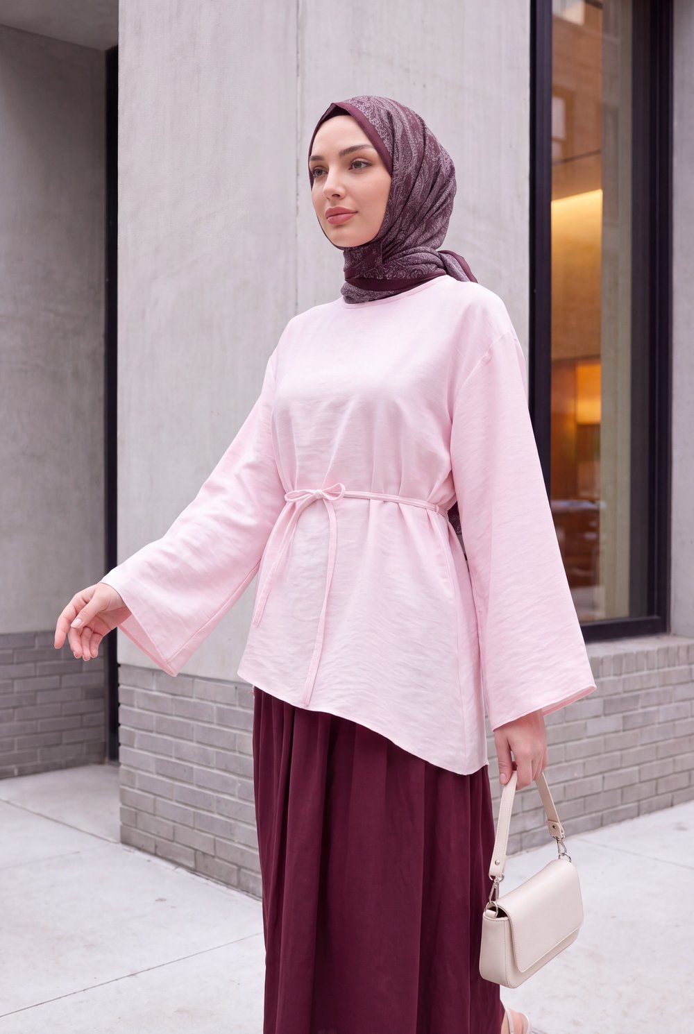 Asimetrik Kesim Beli Bağcıklı Oversize Modal Tunik  -Pudra